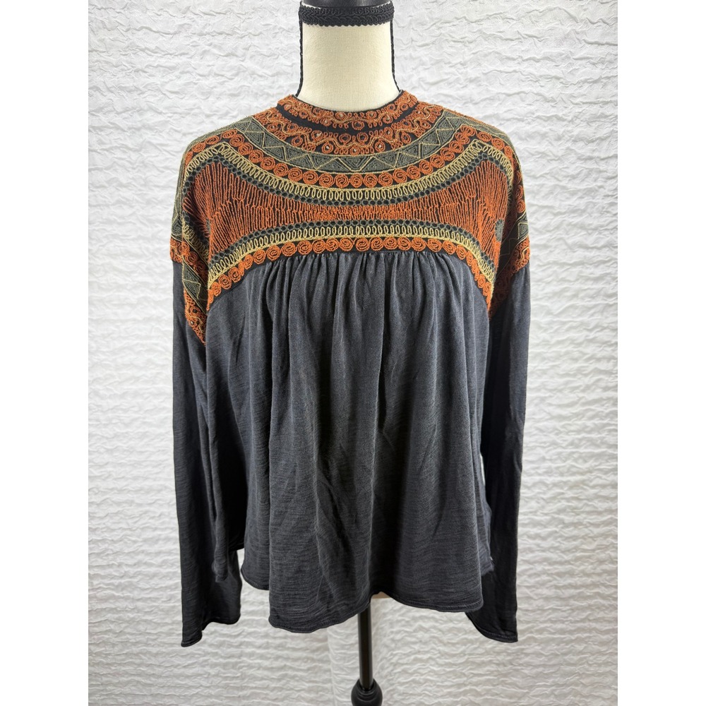 Free People Embroidered Boho Slub Knit Top Long Sleeve Black Rust XS S